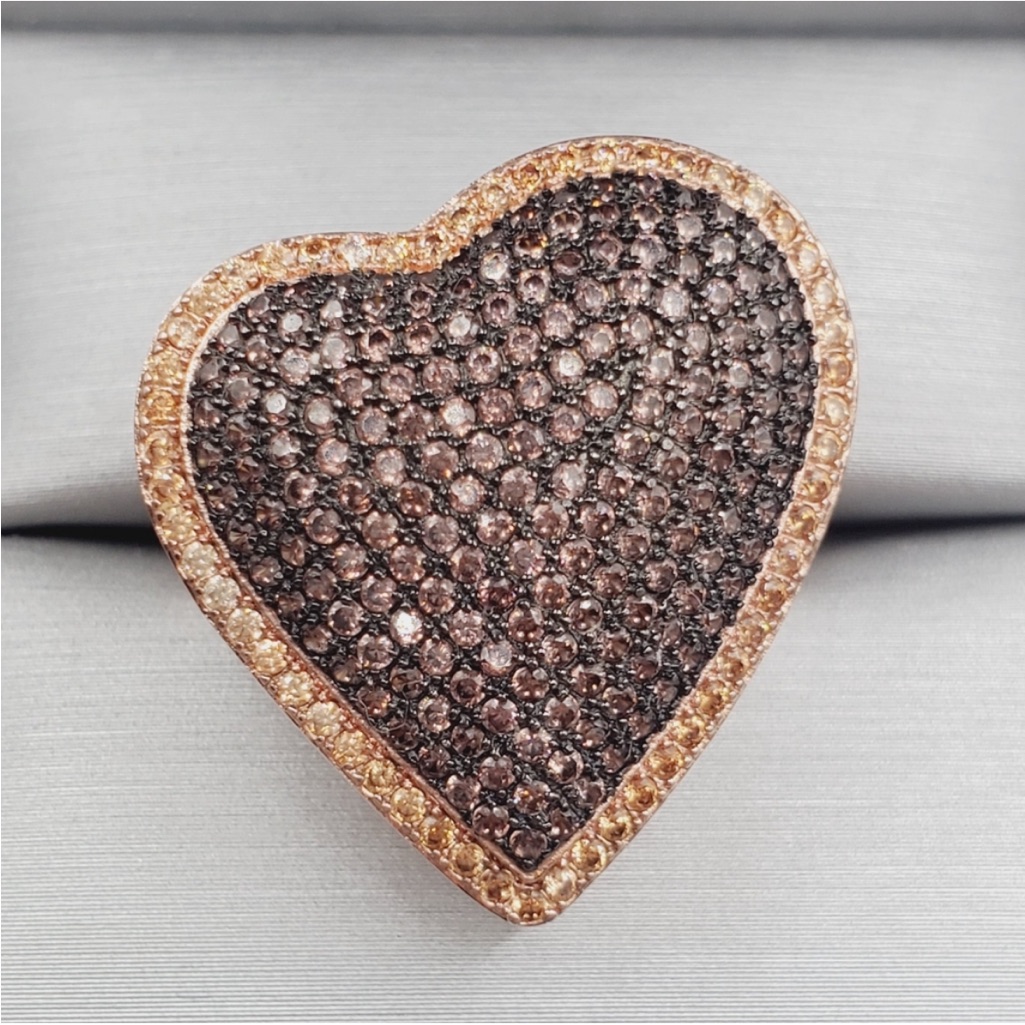 Chocolate Mocha Diamond Simulants 18k Rose Gold  925 Sterling Silver Heart Ring